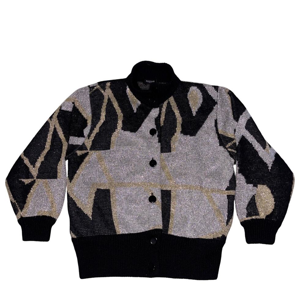 Vintage Bazaar Cardigan XL Womens Black Geometric Metallic Sweater Hong Kong